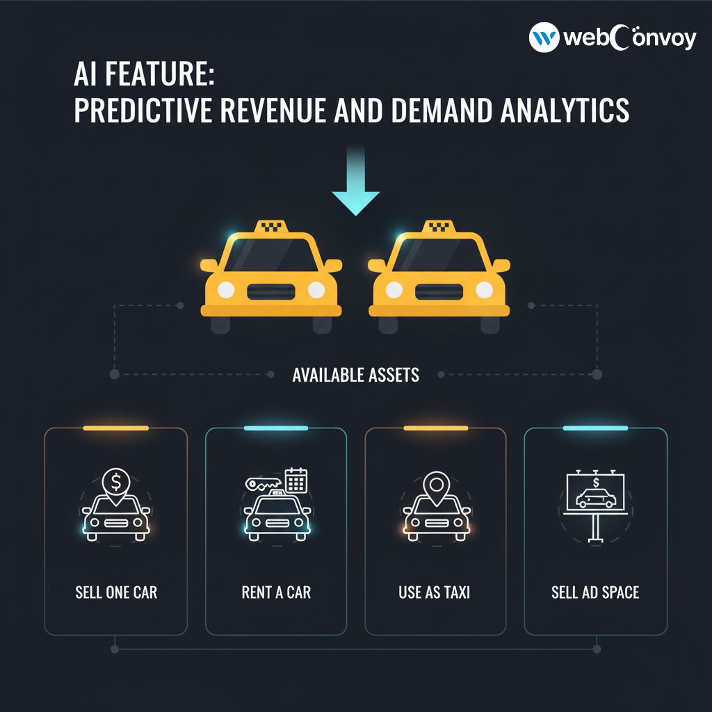 AI-powered taxi app illustration showing next-gen mobility features for 2026 and beyond.