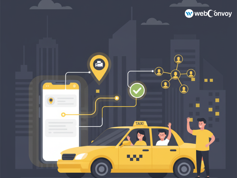 AI-powered taxi app illustration showing next-gen mobility features for 2026 and beyond.
