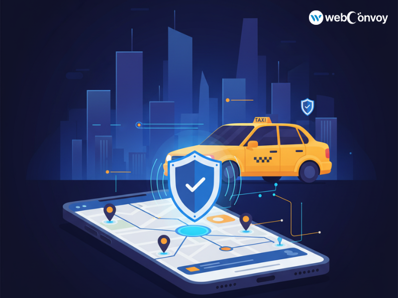 AI-powered taxi app illustration showing next-gen mobility features for 2026 and beyond.
