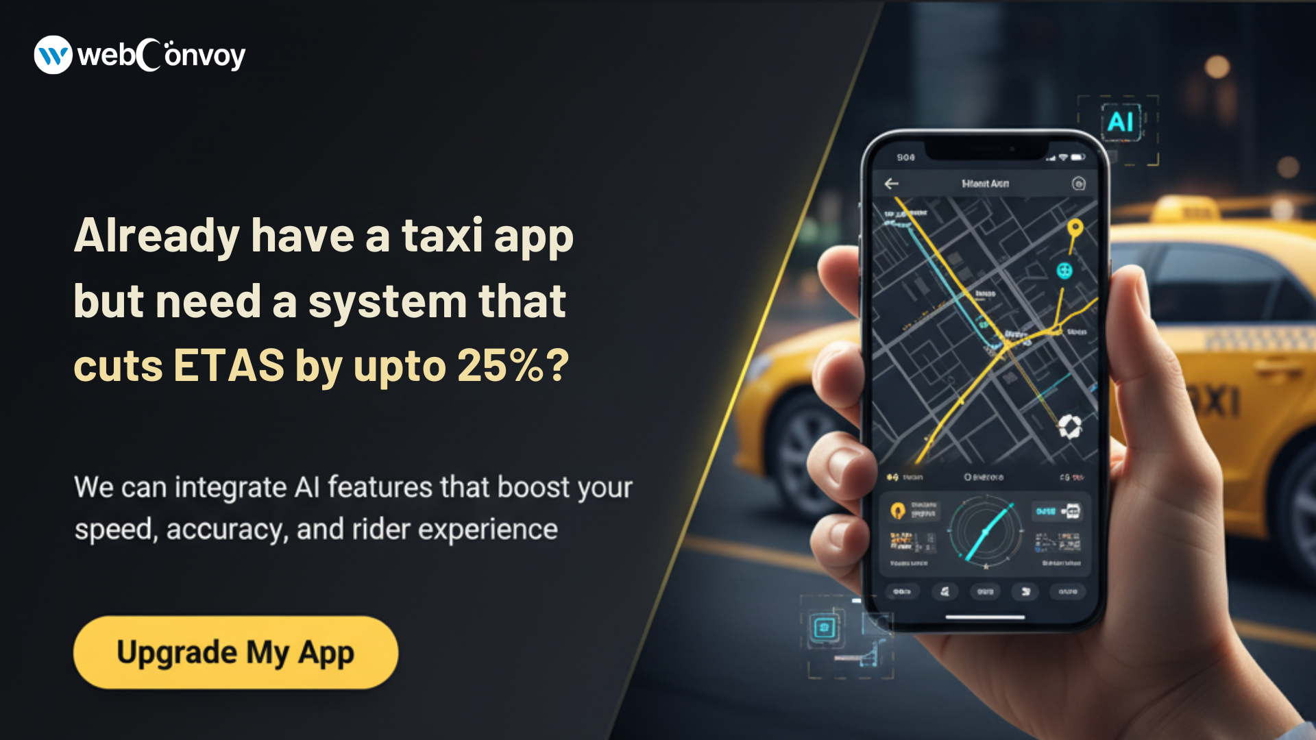 AI-powered taxi app illustration showing next-gen mobility features for 2026 and beyond.